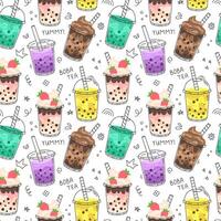 Doodle bubble tea seamless pattern with white background. illustration. vector