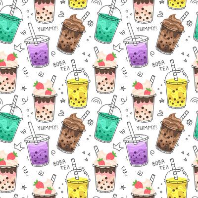 Doodle bubble tea seamless pattern with white background. illustration.