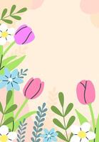 Spring postcard poster with tulips flowers and leaves with space for your text. flat illustration template. vector