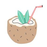 Coconut with straw in flat style isolated on white background. Summer clipart. vector