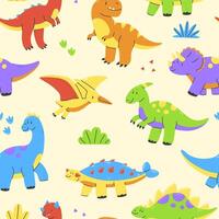 Seamless pattern with cute dinosaurs on beige background. Dino Illustration background. vector
