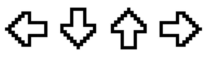 Pixel art set with four black and white arrows turned in different directions isolated on a white background. 8bit pixel illustration. vector