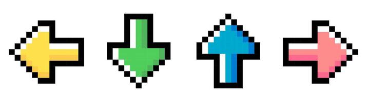 Pixel art set with four cute multicolored arrows turned in different directions isolated on a white background. 8bit pixel illustration vector