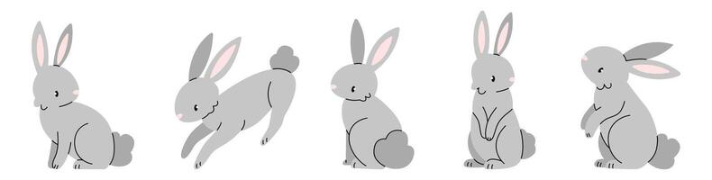 Set of gray flat bunnies isolated on a white background. rabbit illustration. vector