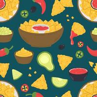 Seamless pattern with nachos snacks, sauces and peppers in cartoon flat style on a dark green background. illustration of a background with traditional Mexican food vector