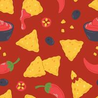 Seamless pattern with nachos snack, salsa sauce and peppers in cartoon flat style on a red background. illustration of a background with traditional Mexican food vector