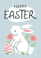 Easter postcard poster with a white rabbit, pink flowers and Easter eggs and text Happy Easter on a blue background. illustration template. vector