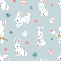 Seamless pattern with white bunnies, Easter eggs and flowers on a blue background. Easter illustration background. Flat illustration. vector