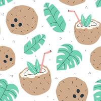 Cute summer seamless pattern with coconuts and tropical leaves on a white background. flat illustration background. vector