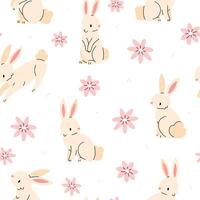 Seamless pattern with bunnies and flowers on a white background. Easter illustration background. Flat illustration. vector