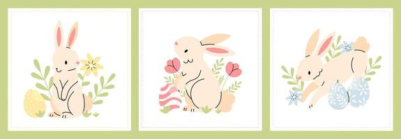 Set of Easter posters with a white rabbit, flowers and Easter eggs. illustration template. vector