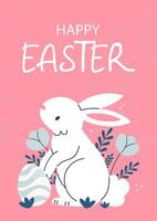 Easter poster with a white rabbit, flowers and Easter eggs and text Happy Easter on a pink background. illustration template. vector