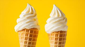 Two vanilla soft serve ice cream cones on vibrant yellow background photo