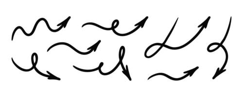 Squiggly arrow doodle set. Hand drawn line fun playful bounce icons, black jump thick motion design elements. Movement symbol vector