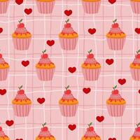 cup cakes with Red heart on grid cell checkered seamless pattern, pastry Valentines day texture vector