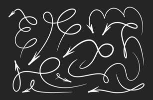 Squiggly arrow, bounce line, doodle design motion set, hand drawn playful lines on black background vector
