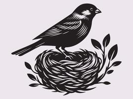 Sparrow Silhouette in Black, Minimalist Bird With Nest Illustration vector