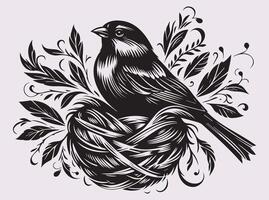 Black Sparrow Bird With Nest Silhouette, Small Bird Artwork vector