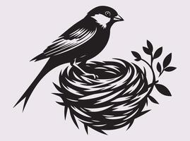 Artistic Black Sparrow with nest Silhouette, Small Bird Minimalist Art vector