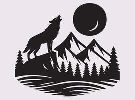 Howling Wolf on Mountain And Moon Silhouette, Strong and Majestic Design vector