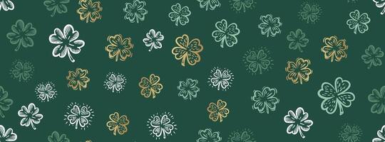 Clover pattern on green, Patricks Day, hand drawn illustrations. vector