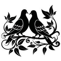 Black And White Silhouette Two Doves Perched Design. vector
