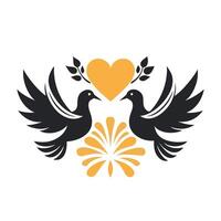 Symmetrical Silhouette Two Doves Heart Symbol Art. vector