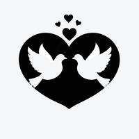 Silhouette Two Doves Heart Symbol Symmetrical Design. vector