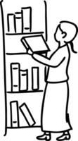 Woman Reading Book at Bookshelf Line Art Illustration for Education and Design vector