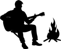 Silhouette Guitarist Playing by Campfire Illustration for Outdoor Adventure Use vector