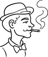 Line Art Vintage Man Smoking in Bowler Hat for Coloring Book and Retro Design vector