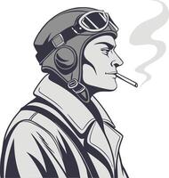 Vintage Aviator Side Profile Illustration with Goggles and Cigarette for Retro Design vector