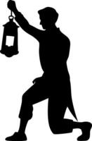 Silhouette of Man Holding Lantern in Kneeling Pose for Vintage Design Projects vector