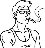Muscular Man Smoking Cigarette Line Art for Tattoo Design or Coloring Book vector