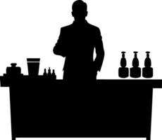 Silhouette of Man Behind Bar with Beverage Bottles for Cocktail Bar Design vector