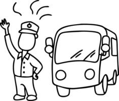 Policeman Directing Traffic with Bus Black and White Illustration vector