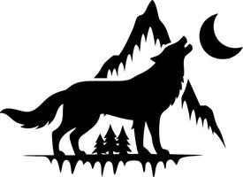 Howling Wolf Silhouette with Mountains and Moon for Art and Tattoos vector