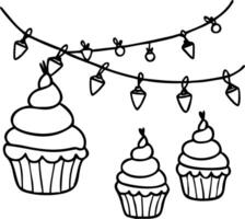 Festive Cupcakes with String Lights Outline for Party Decorations vector