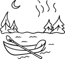 Hand Drawn Lake Scene with Rowboat and Forest Under Crescent Moon for Coloring or Decoration vector