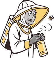 Beekeeper Wearing Protective Suit Nervously Handling Bee Spray Illustration vector