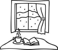 Cozy Winter Window Scene with Book and Hot Beverage Illustration vector