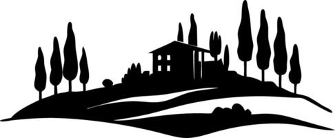 Scenic Tuscan Countryside Silhouette with Trees and House for Wall Art and Design Projects vector