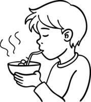 Child Enjoying Hot Soup with Steam in Cold Weather Line Art Illustration vector