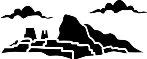Majestic Mountain Silhouette with Ancient Ruins and Clouds Illustration vector