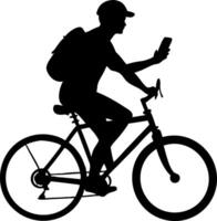 Silhouette Cyclist Using Smartphone While Riding Bicycle Illustration vector
