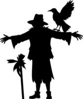 Scarecrow Silhouette with Crow on Shoulder for Halloween Decorations and Themed Invitations vector