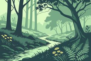 Serene Woodland Stream in Lush Forest Illustration for Nature Design vector