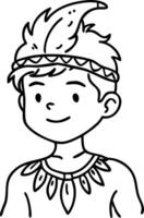 Illustration of Smiling Child in Feathered Headband for Kid's Coloring Book vector