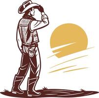 Cowboy Silhouette Watching Sunset for Western Themes and Artwork vector