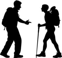 Silhouette of Two Hikers Communicating in Outdoor Adventure Scene vector